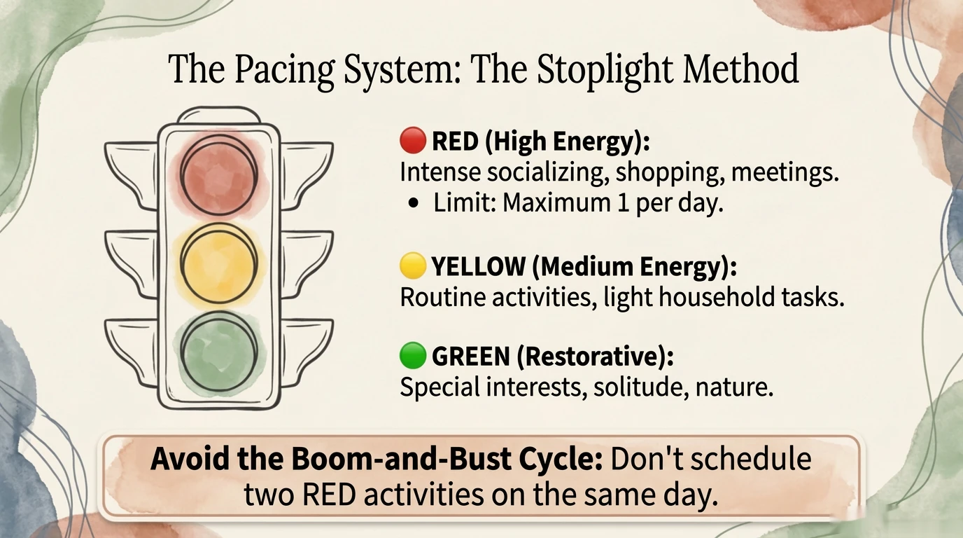 Sistemul semaforului pentru pacing - rosu galben verde cu strategii per nivel de energie si evitarea ciclului boom-and-bust