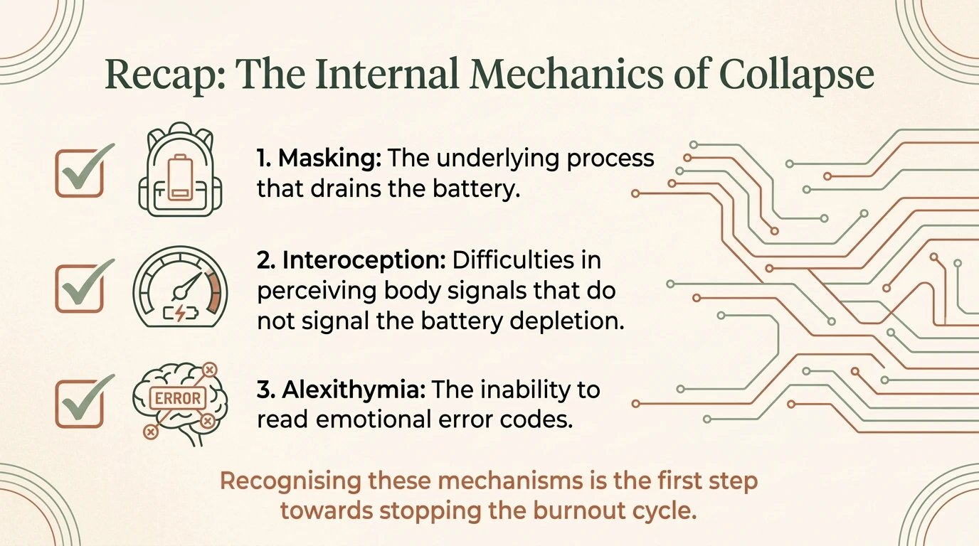 Recap: the internal mechanics of collapse — interoception, alexithymia, masking