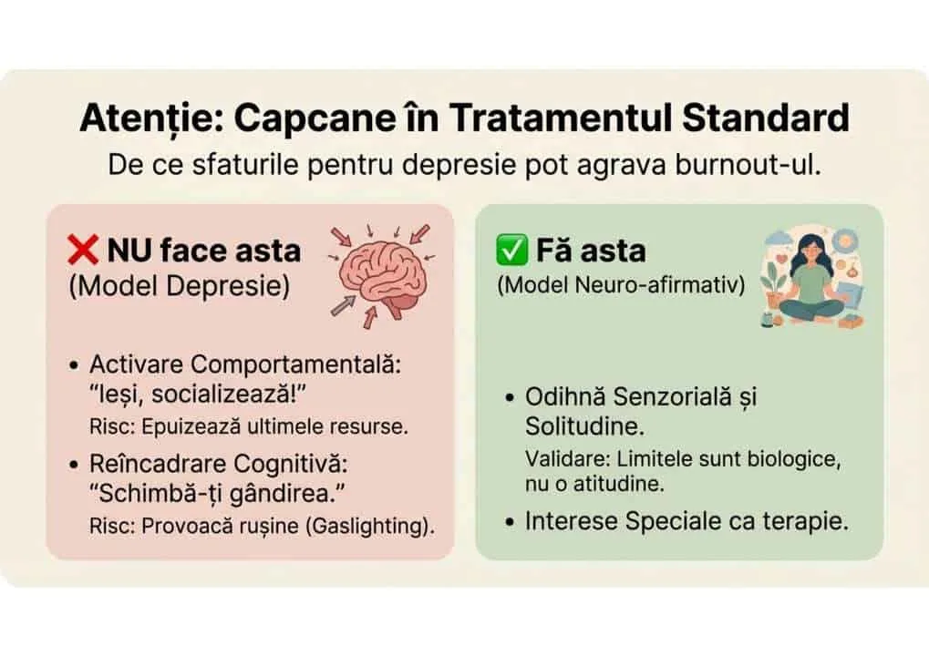 Ghid vizual Do si Don't: Modelul Depresiei (presiune de socializare, exercitii intense) vs. Modelul Neuroafirmativ (odihna senzoriala, validare, interese speciale)