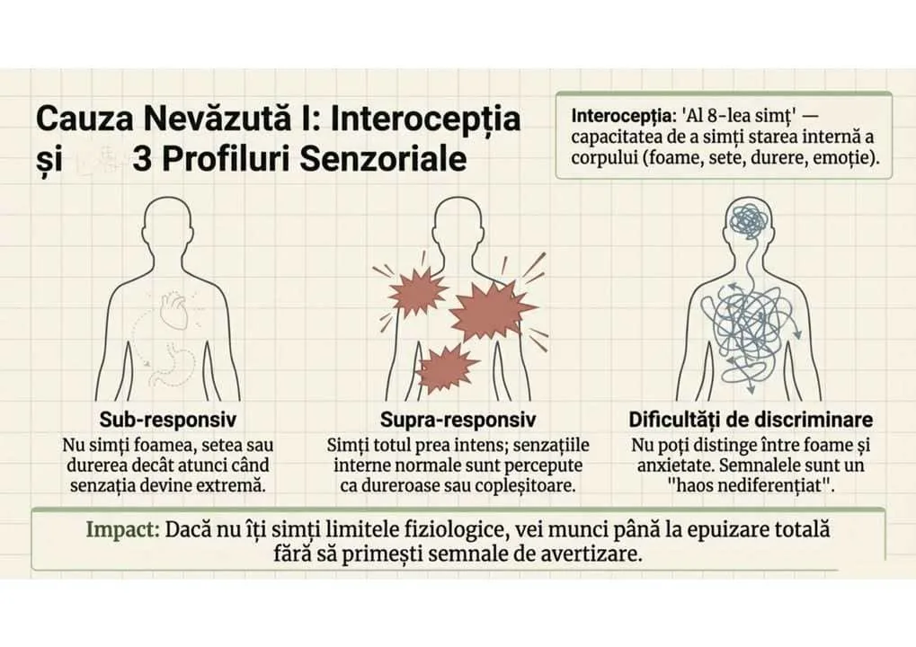 Detalierea celor trei profiluri interoceptive: hiposensibil (semnale pe mut), hipersensibil (alerta cronica), dificultati de discriminare (confuzie senzoriala)