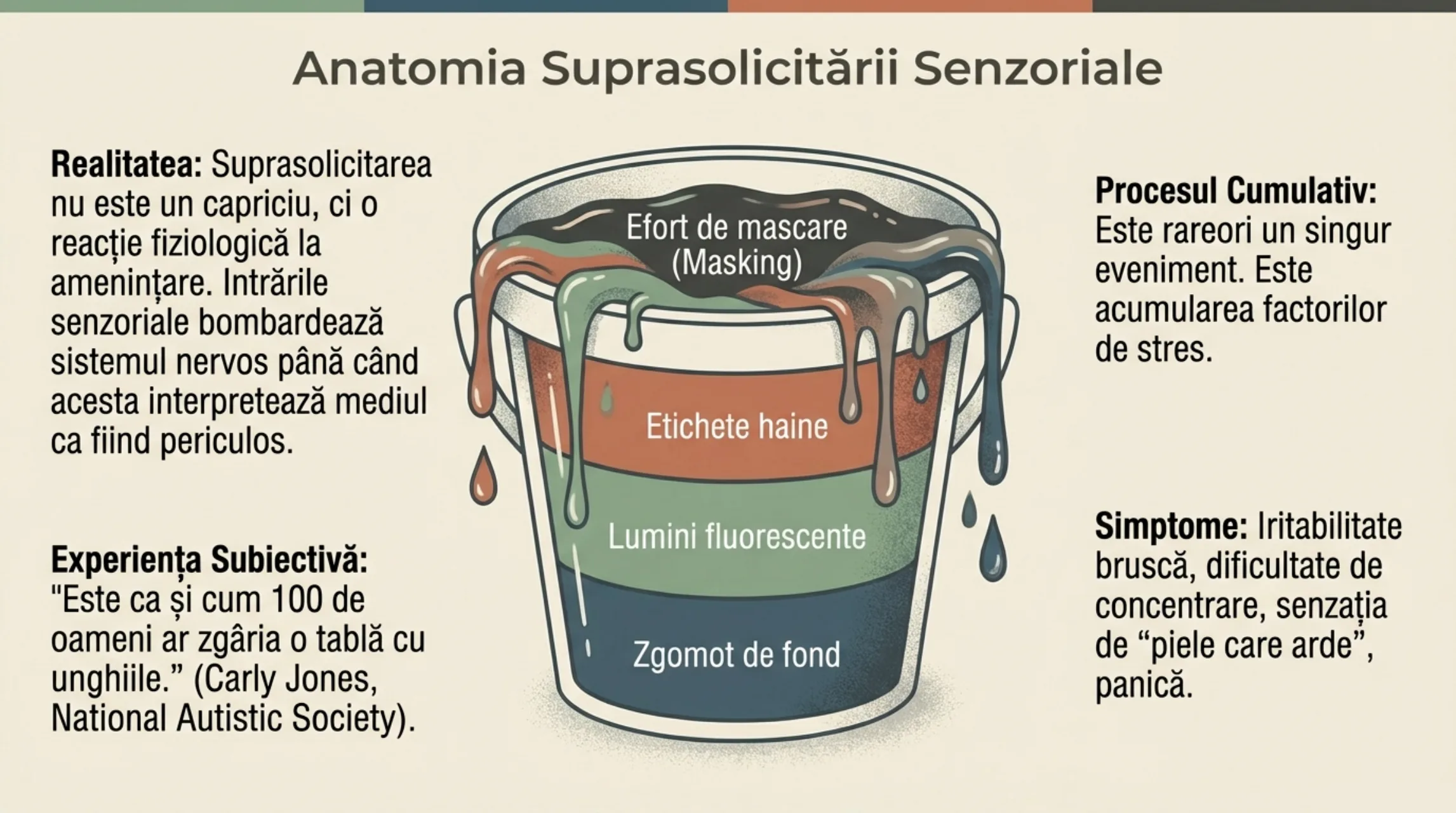 Un pahar care se umple cu straturi de stimuli senzoriali — zgomot de fond la baza, lumini fluorescente, etichete haine, efort de mascare in varf. Citat Carly Jones
