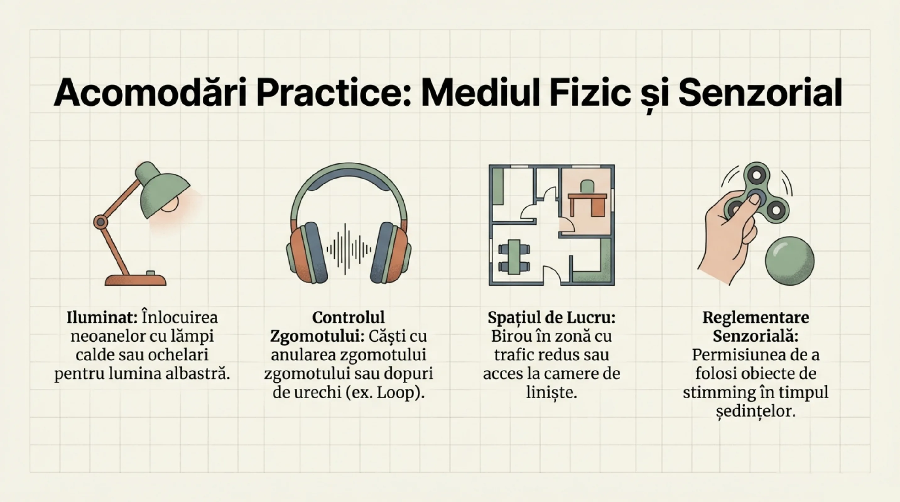 Patru domenii de acomodari practice: Iluminat, Controlul Zgomotului, Spatiul de Lucru, Reglementare Senzoriala