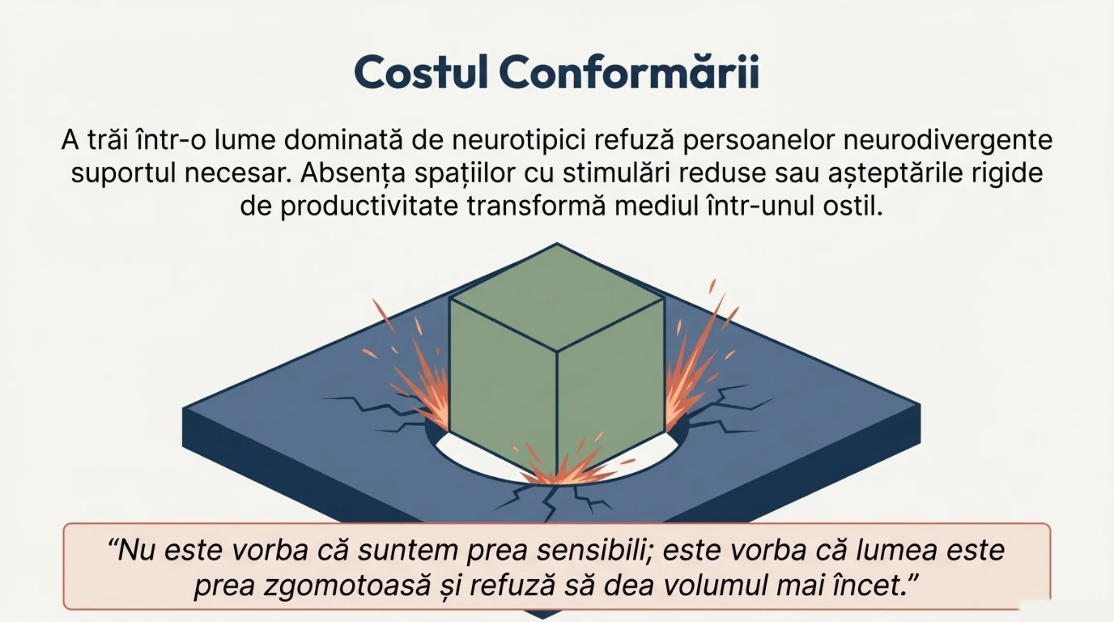 Un cub verde fortat printr-o gaura rotunda, cu scantei de frecare. Citatul: Nu este vorba ca suntem prea sensibili. Este vorba ca lumea este prea zgomotoasa si refuza sa dea volumul mai incet.