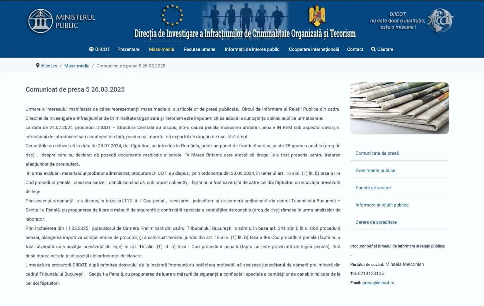 Screenshot — DIICOT press release, March 2025: case closure