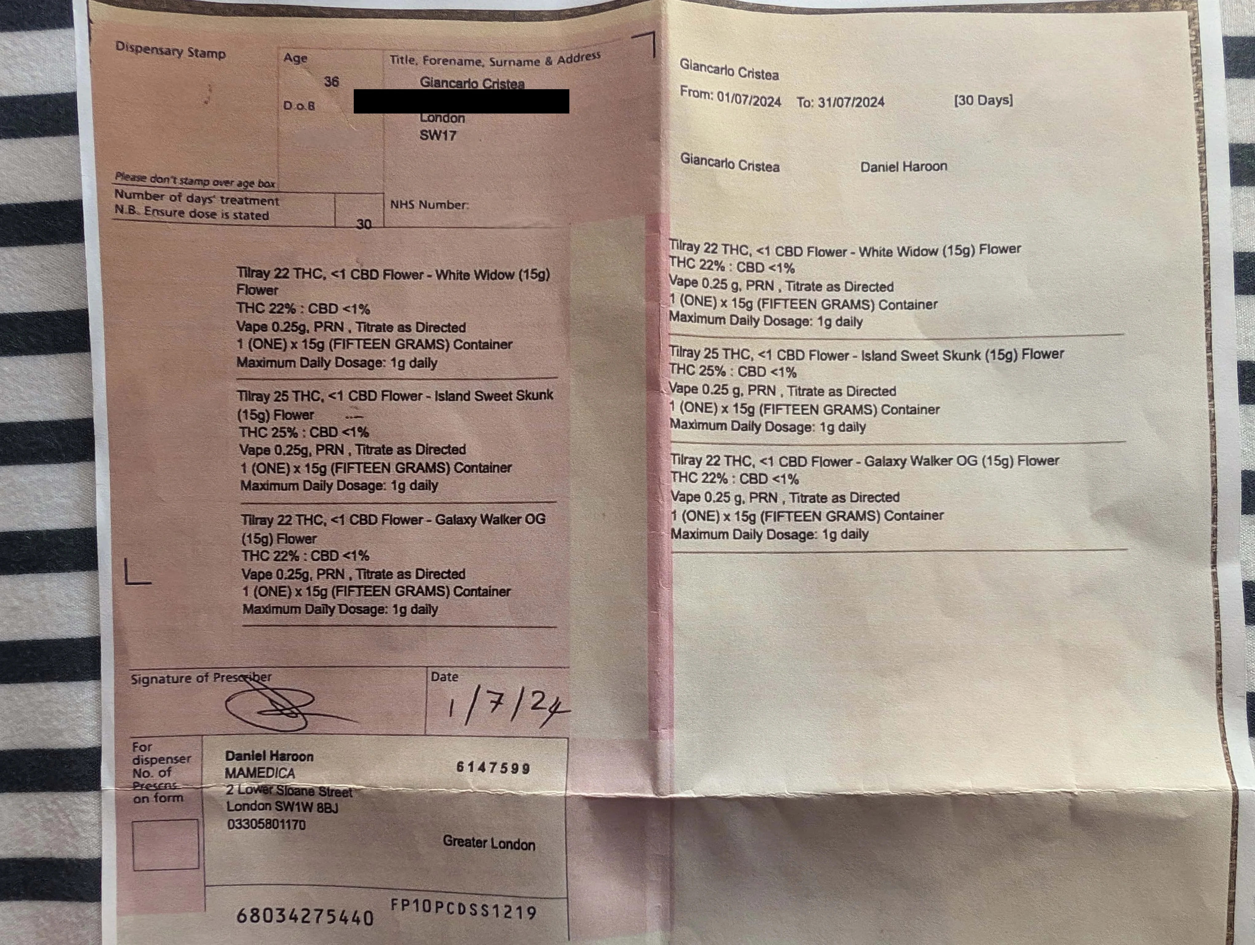 Valid UK prescription for medical cannabis, July 2024