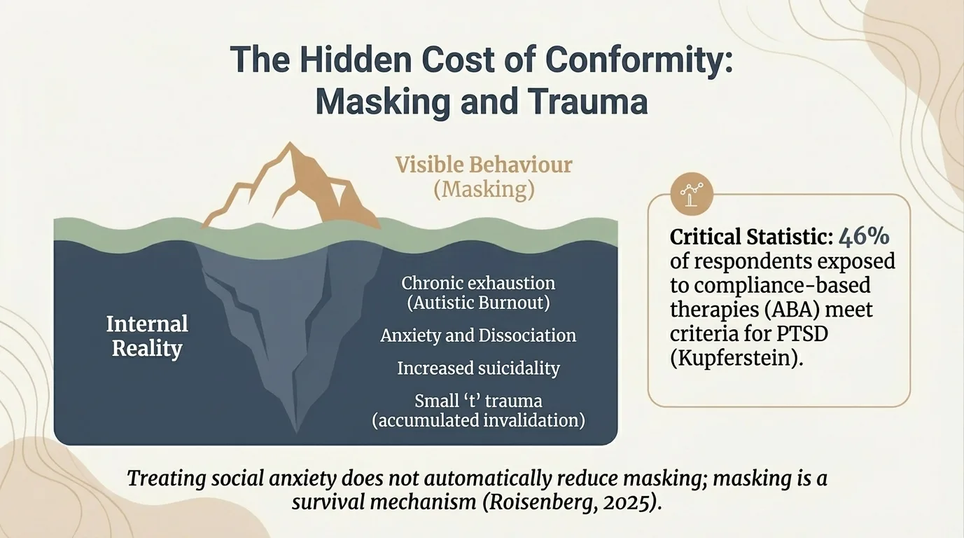 The Hidden Cost of Conformity: Masking and Trauma — the iceberg metaphor with visible behaviour vs. internal reality (exhaustion, anxiety, trauma)