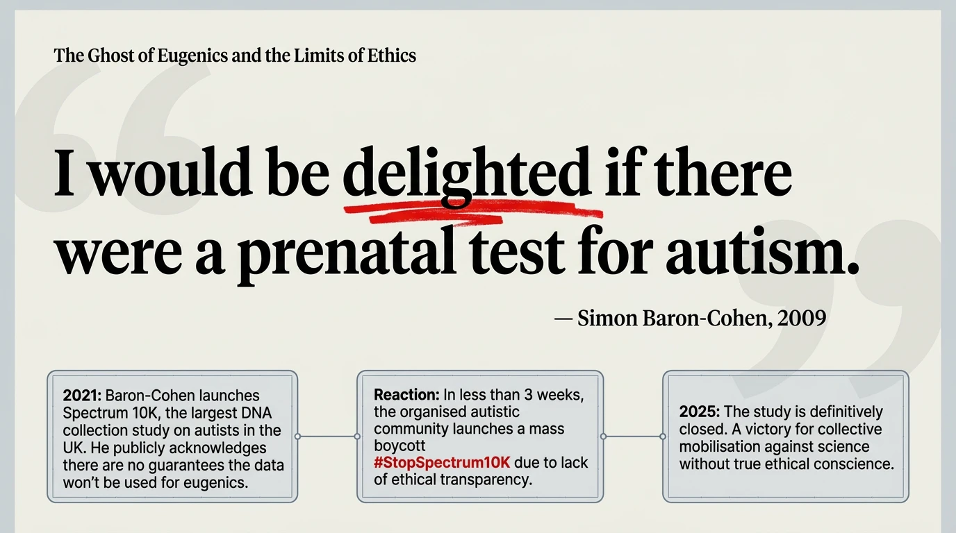 The spectre of eugenics and the ethical limits — Baron-Cohen quote on prenatal testing, community boycott timeline