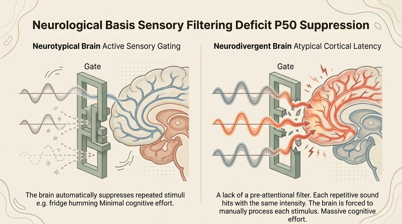 The neurological basis of sensory filtering differences — neurotypical brain with active sensory gate (P50 gating) versus neurodivergent brain with open gate and atypical cortical latency