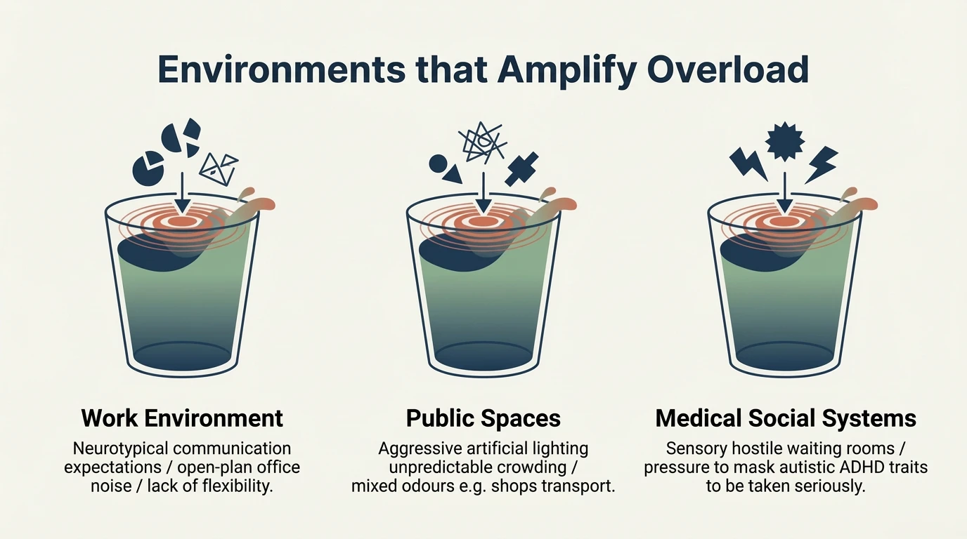 Three overflowing cups representing the three hostile environments: The Workplace, Public Spaces, Medical and Social Systems