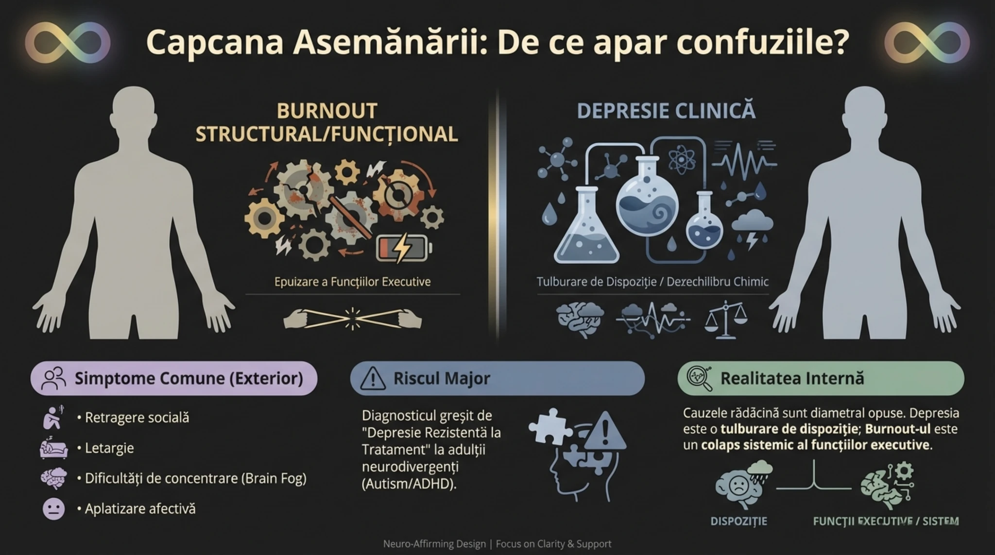 Diagrama Venn care arata suprapunerea simptomelor dintre burnout autistic si depresie: letargie, retragere sociala, ceata mentala, disfunctie executiva