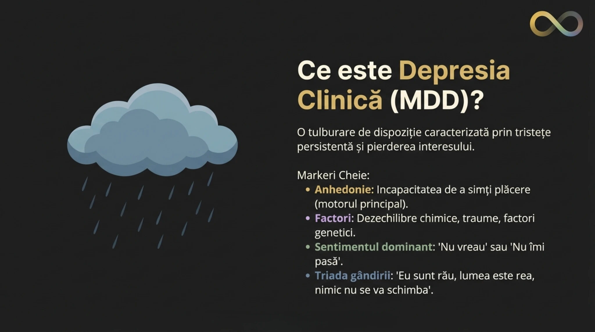 Perspectiva clinica a depresiei majore — caracteristici principale: anhedonie, lipsa sperantei, apatie si dispozitie negativa generalizata