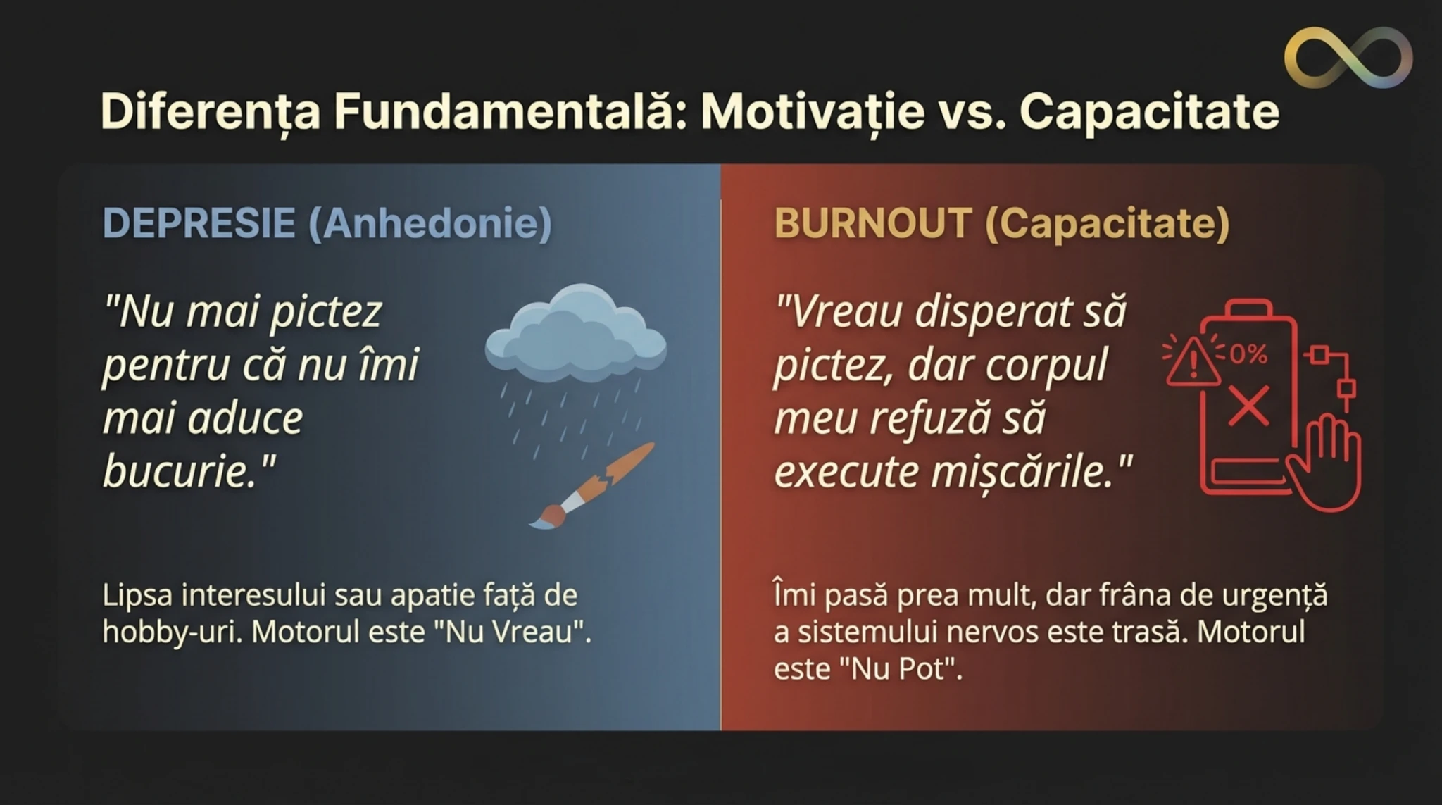 Comparatie vizuala intre criza de capacitate din burnout (Vreau, dar nu pot) si lipsa de motivatie din depresie (Nu mai vreau)